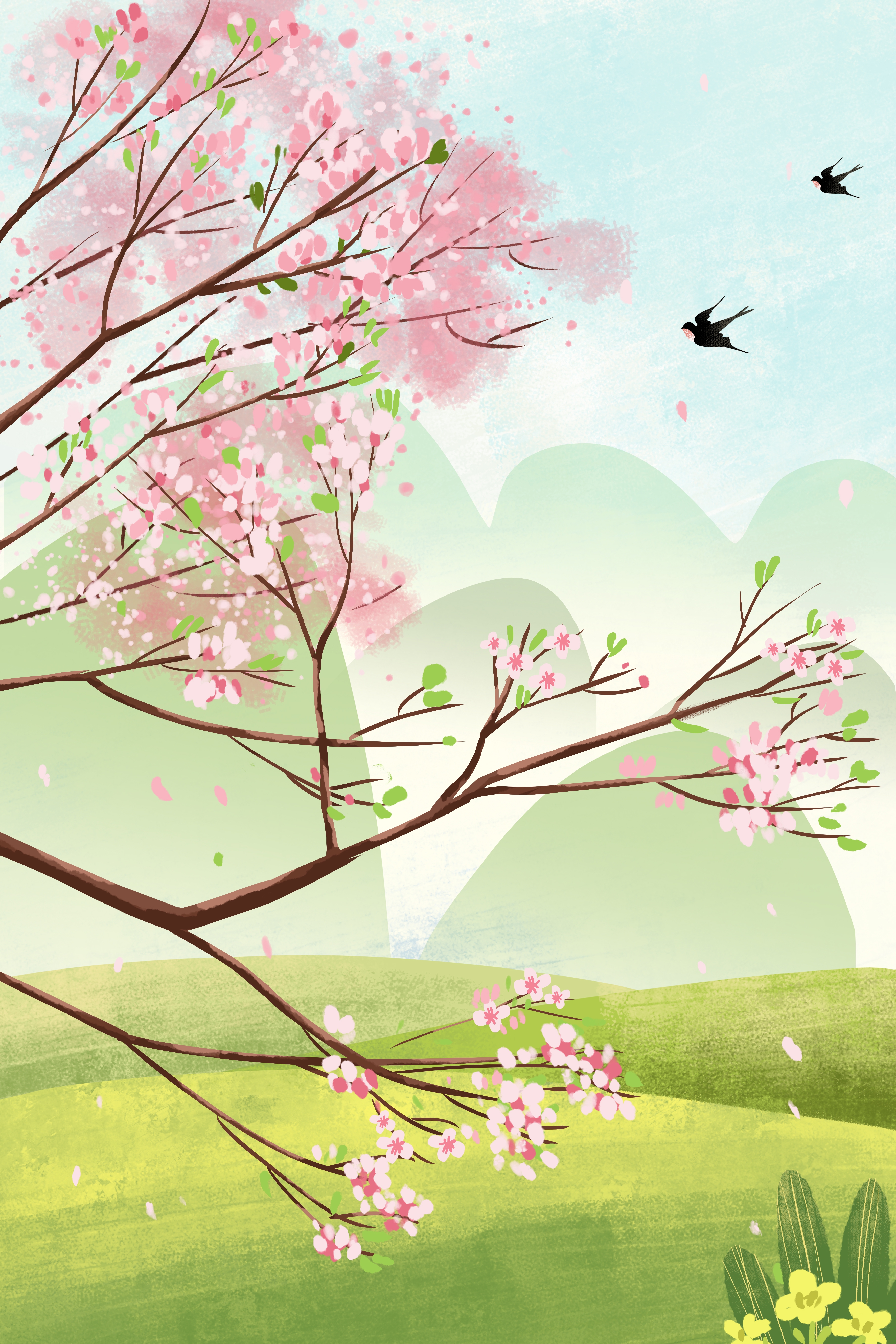 竖版唯美樱花桃花插画素材9