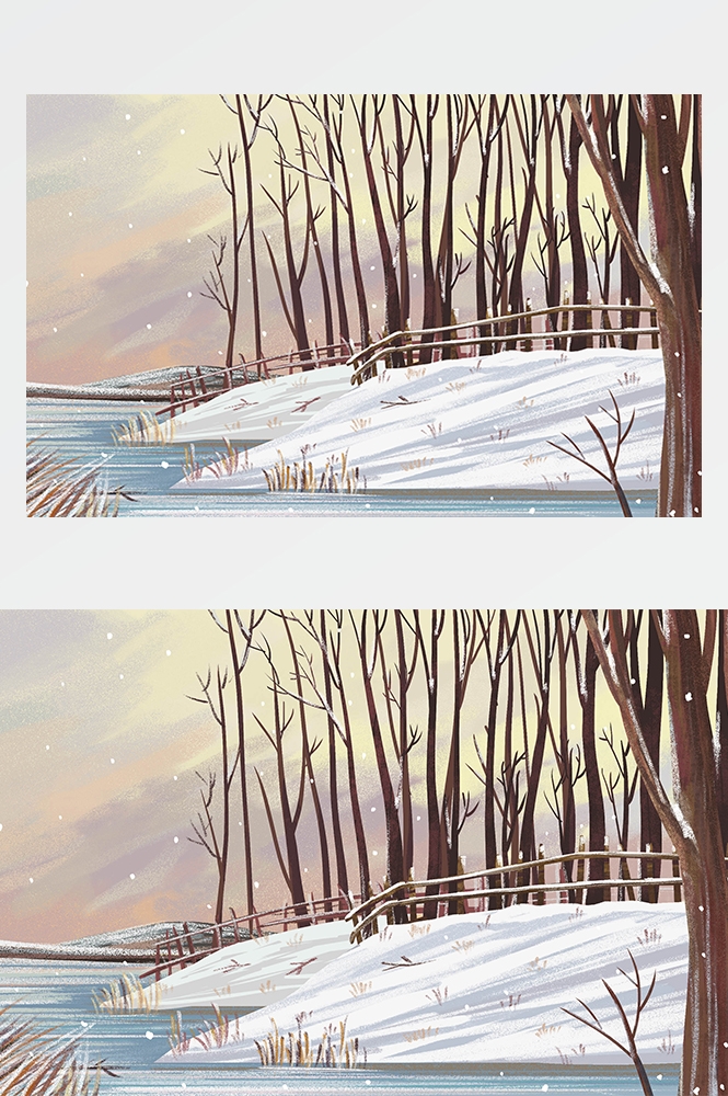 冬天雪景风景场景插画大雪小雪横版冬季素材4