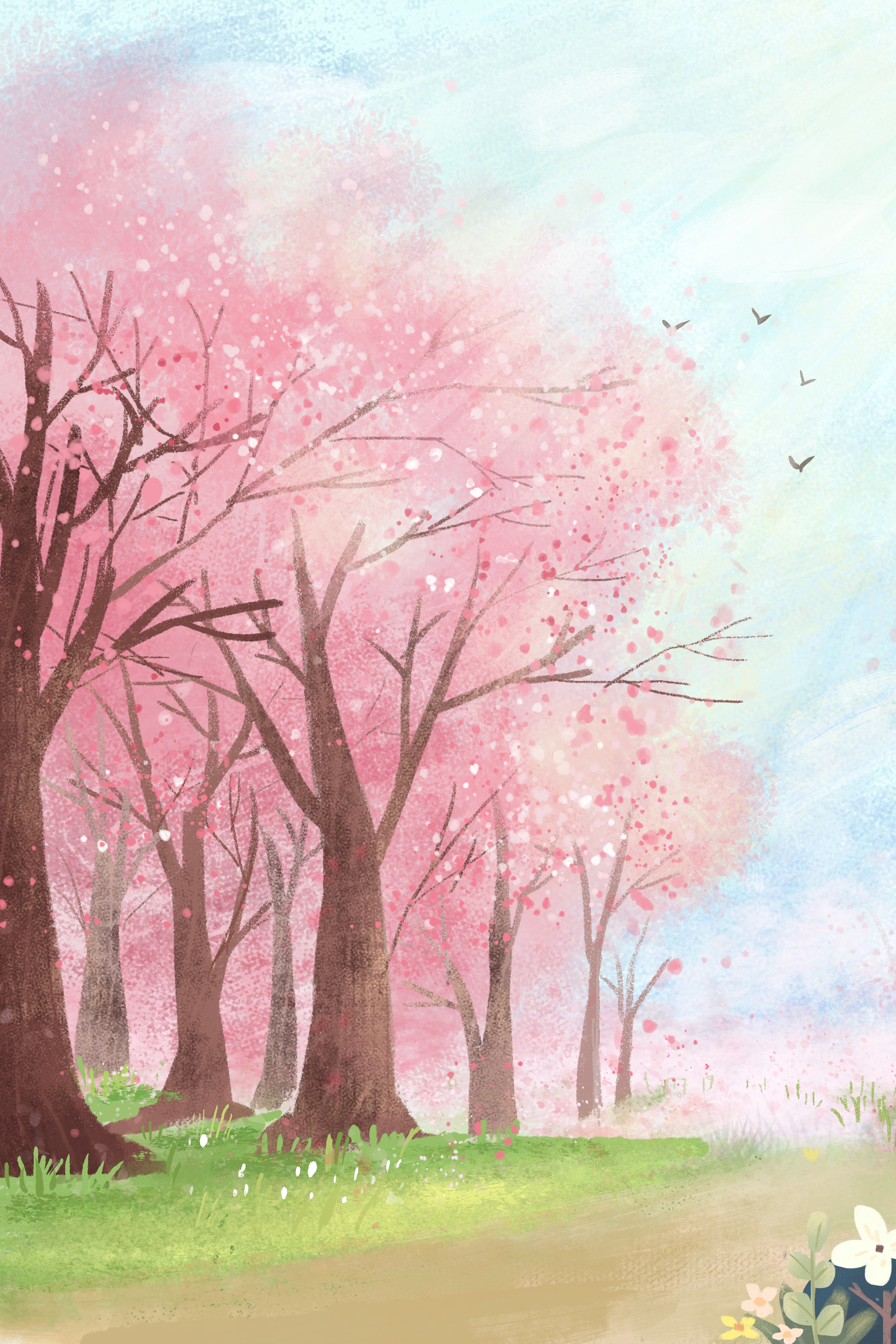 竖版唯美樱花桃花插画素材37