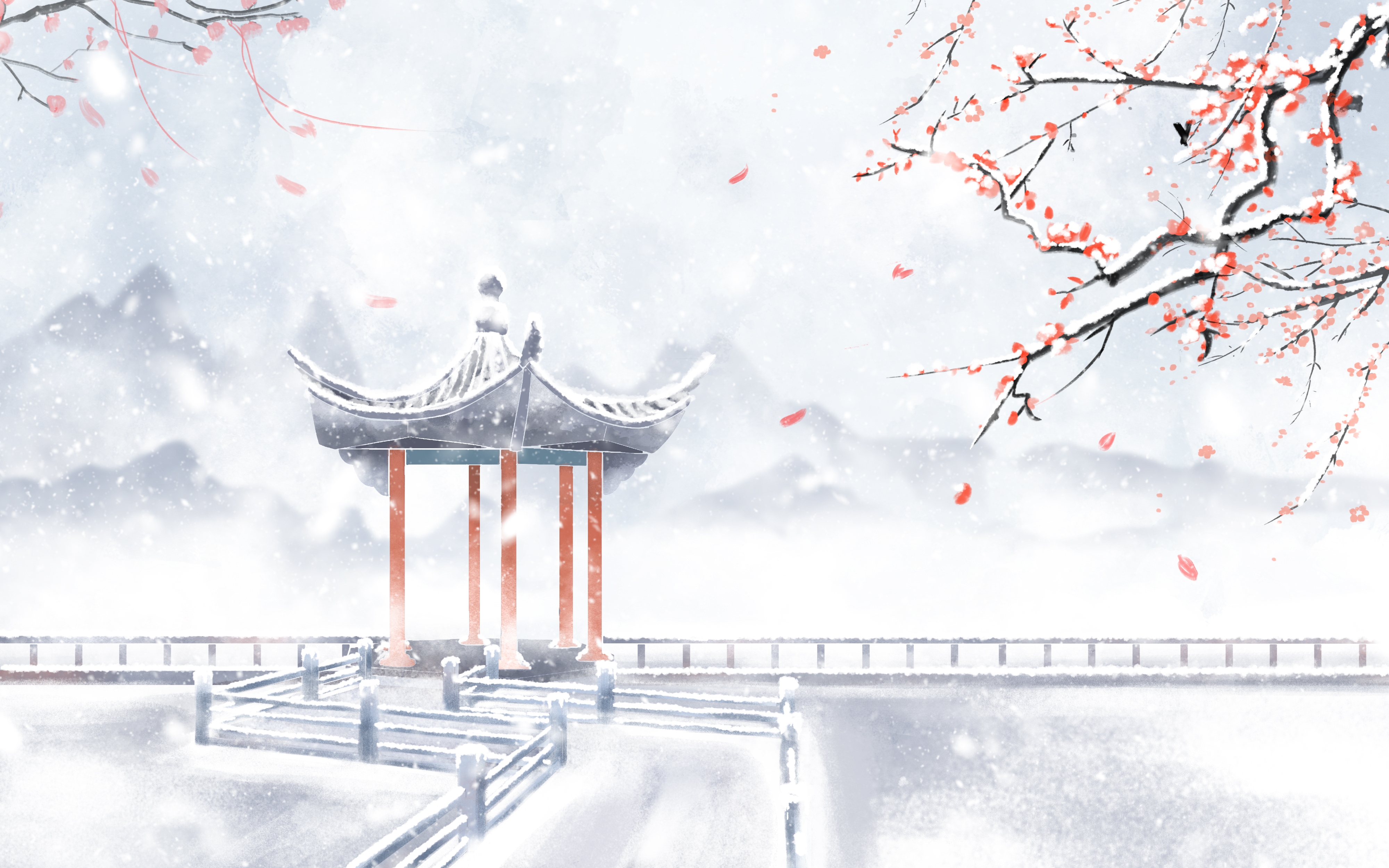 冬天雪景风景场景插画大雪小雪横版冬季素材8