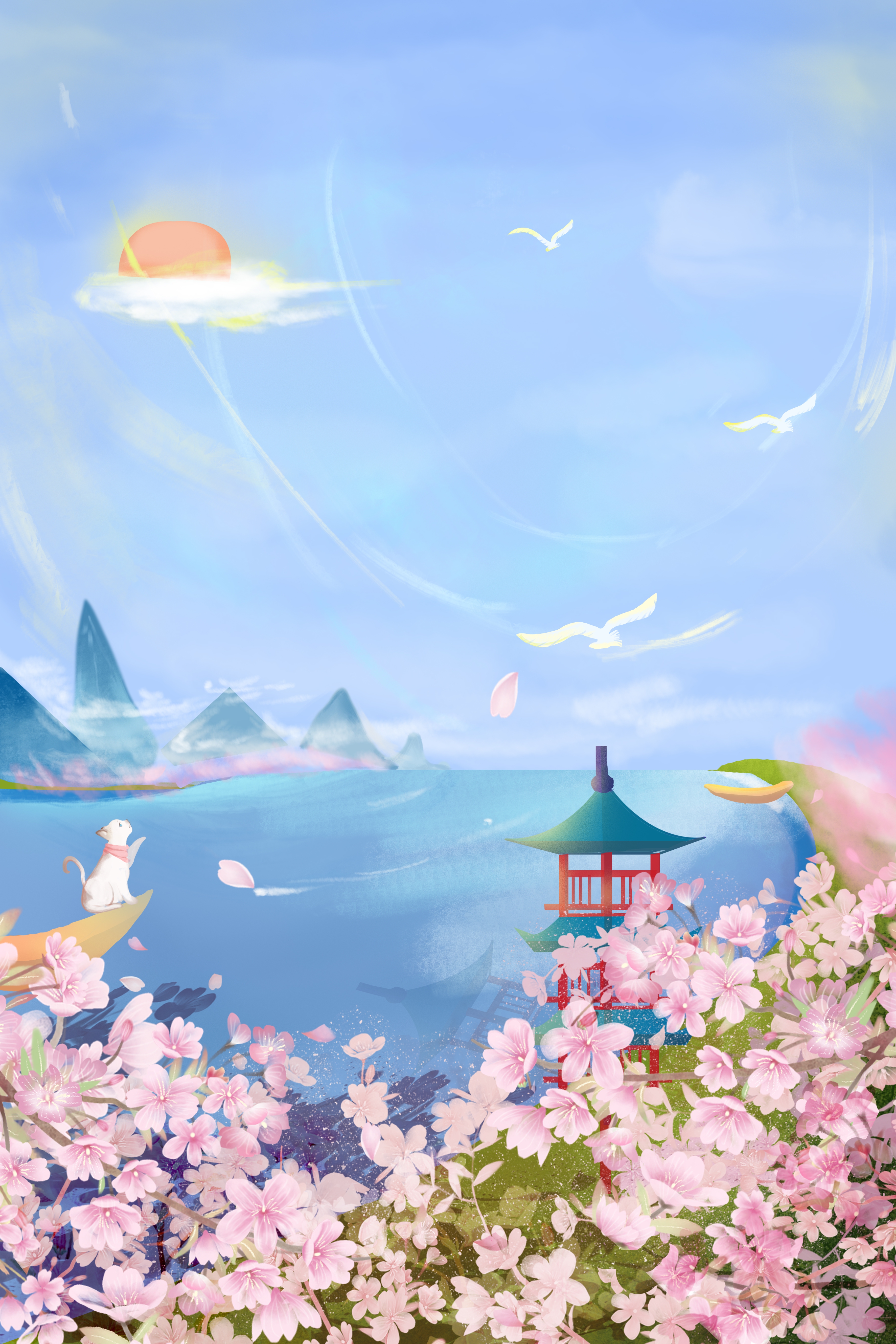 竖版唯美樱花桃花插画素材25