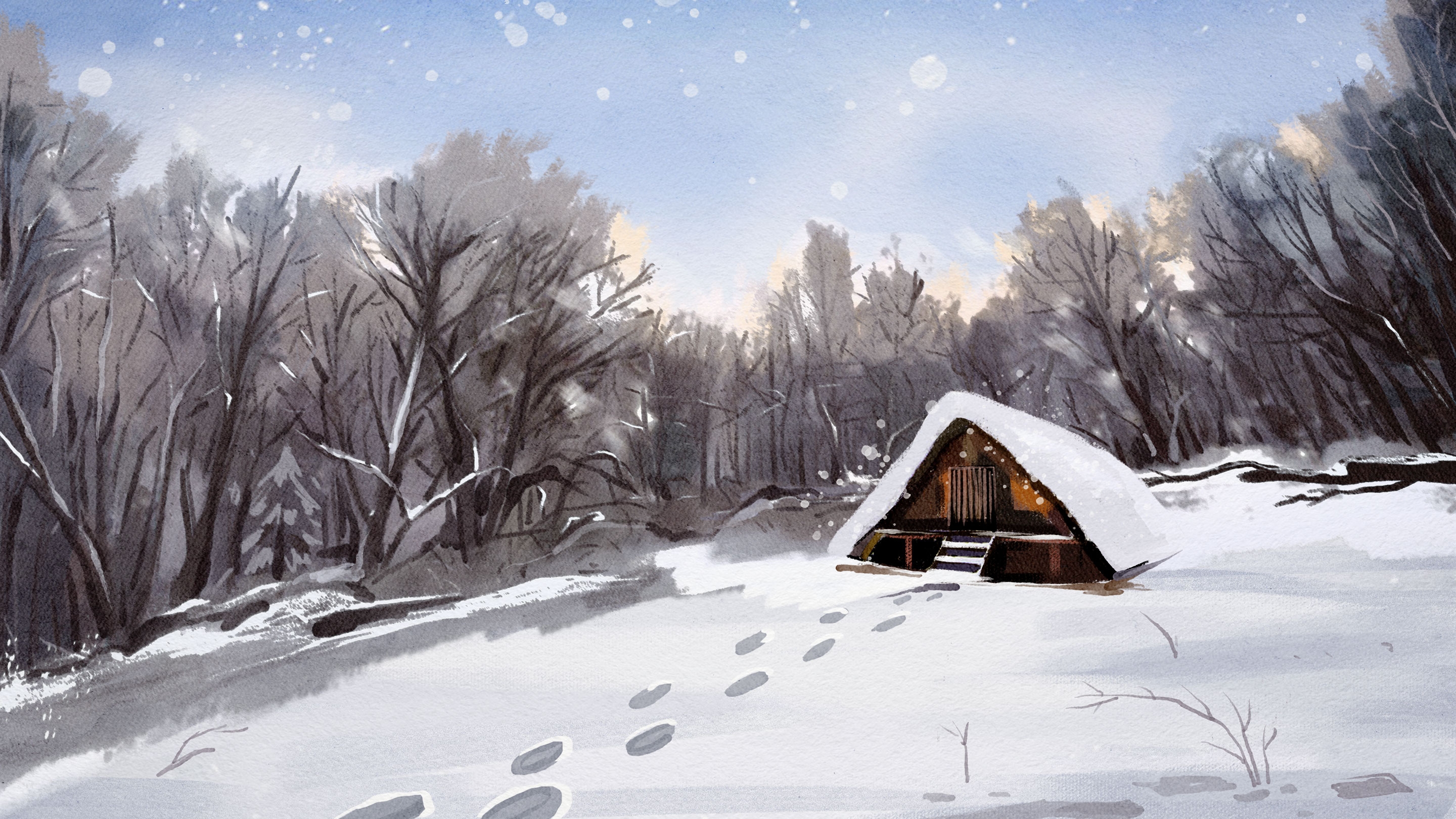 冬天雪景风景场景插画大雪小雪横版冬季素材25