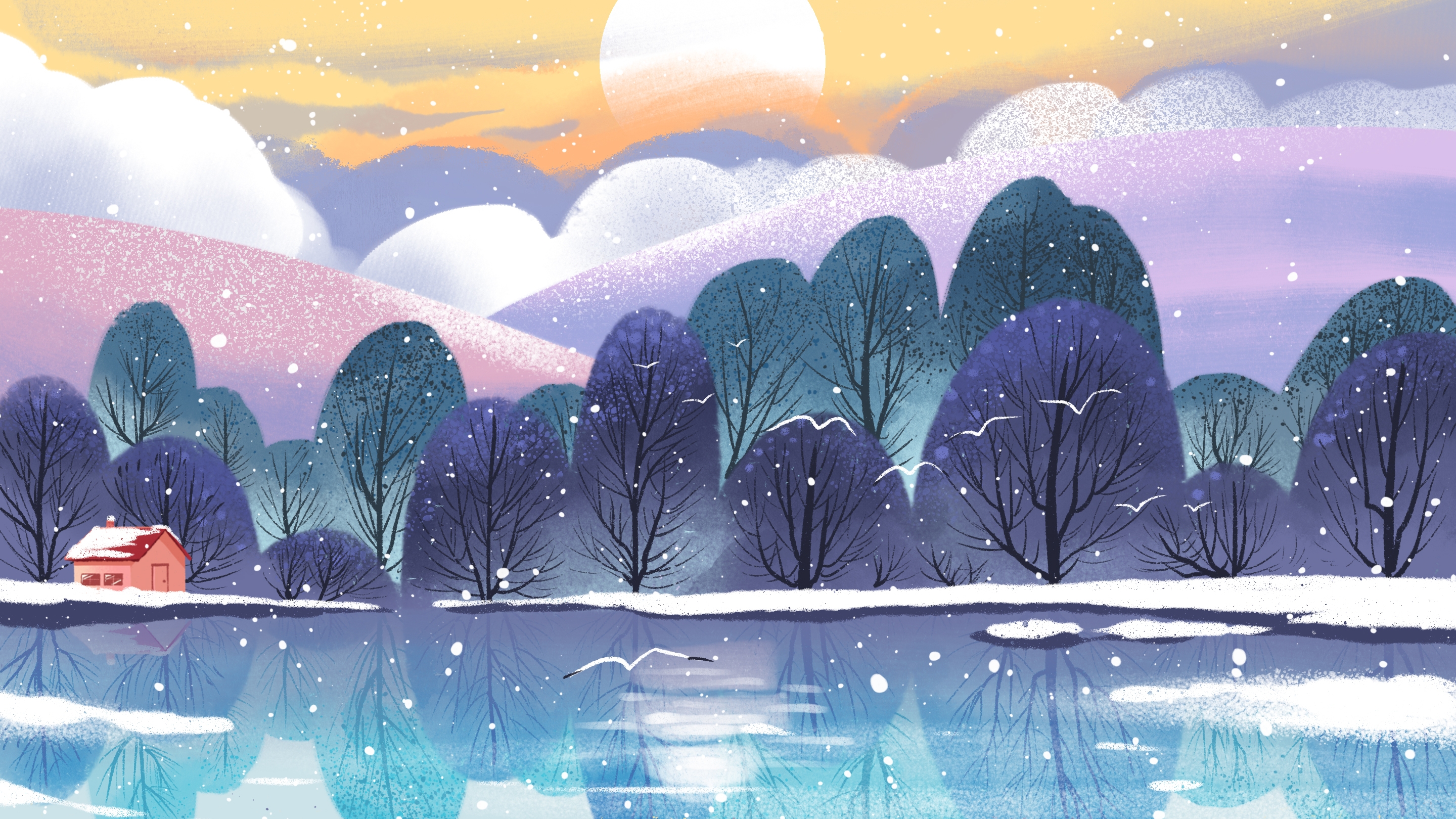 冬天雪景风景场景插画大雪小雪横版冬季素材23