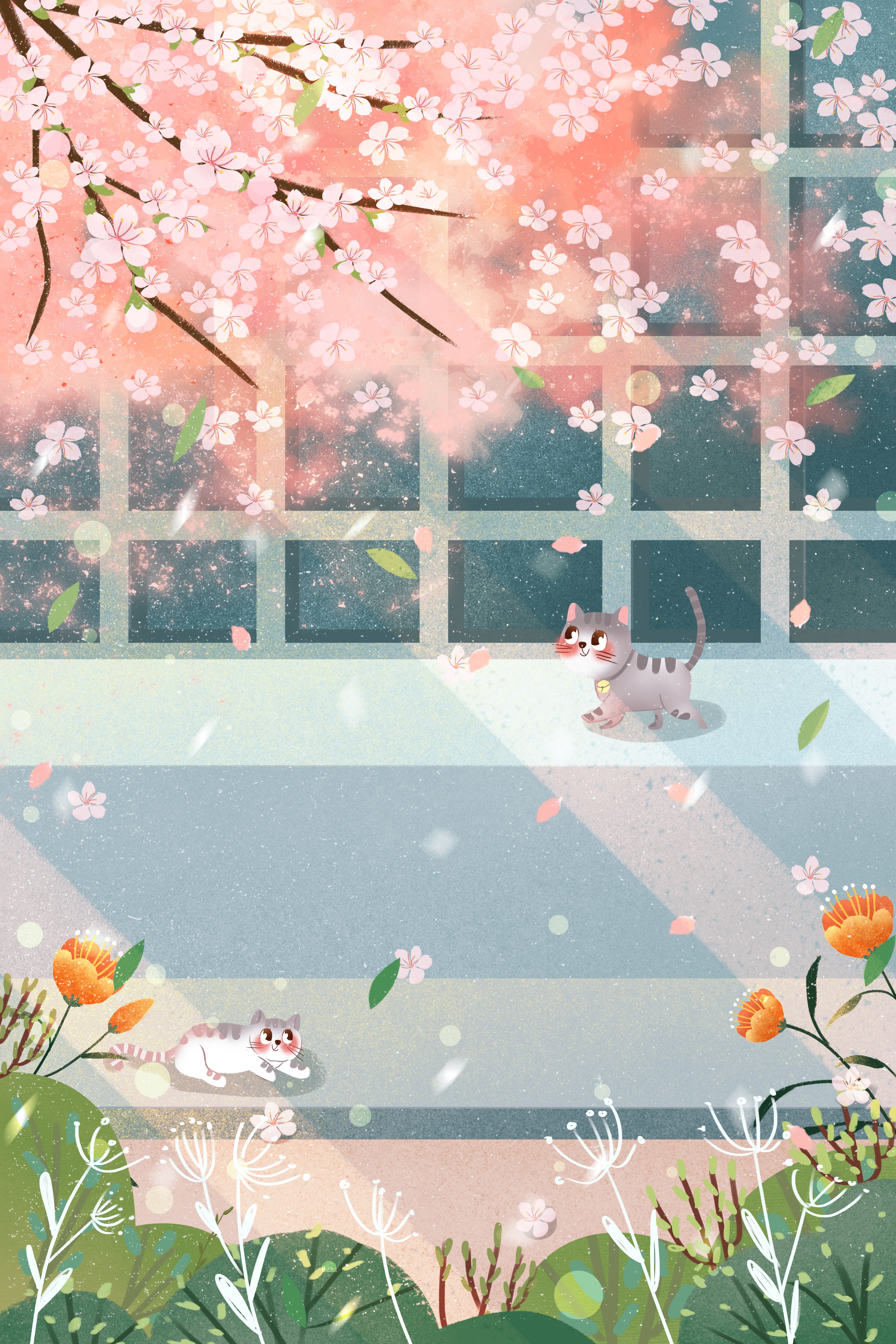 竖版唯美樱花桃花插画素材24