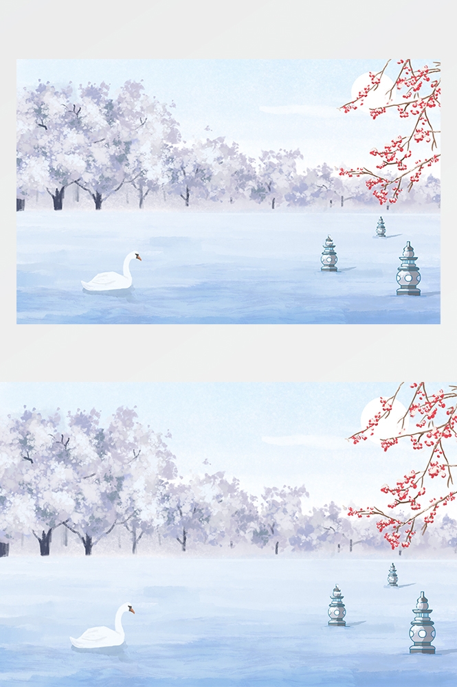 冬天雪景风景场景插画大雪小雪横版冬季素材19