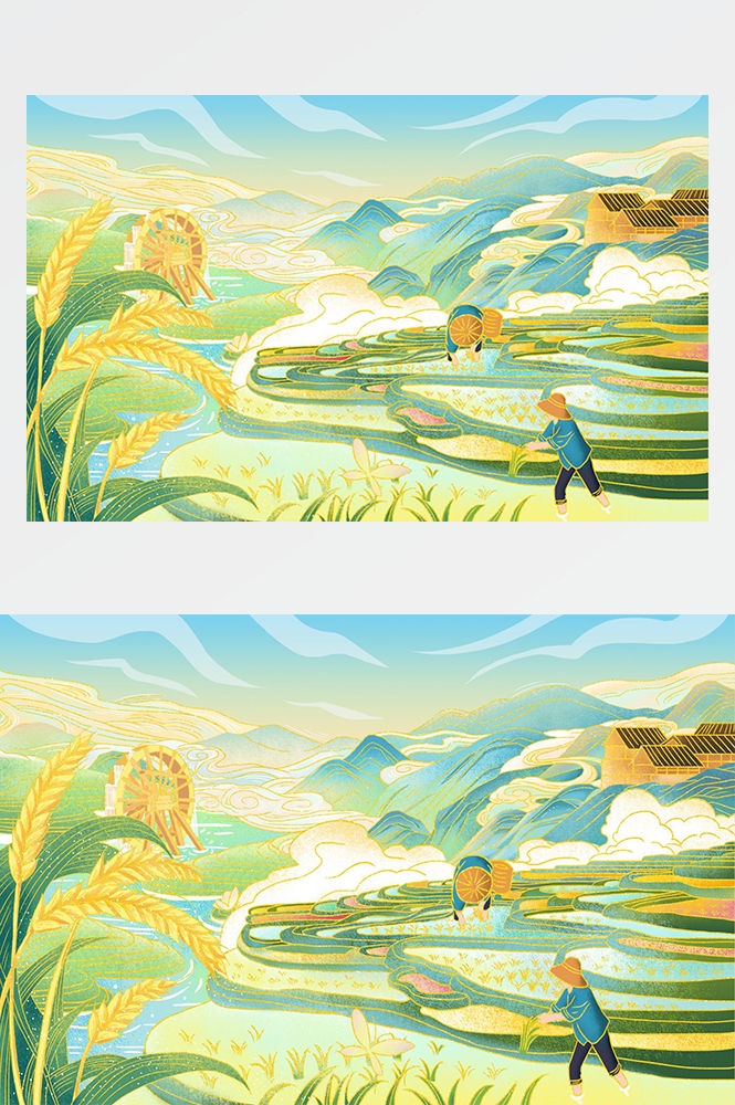 中国风国潮唯美山水风景祥云海报背景PS高清分层插画素材模板 (8)