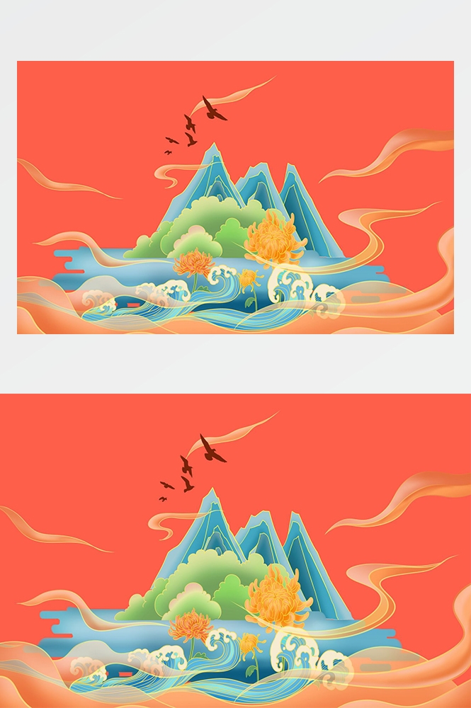 中国风国潮唯美传统山水风景插画海报祥云元素背景PS高清素材