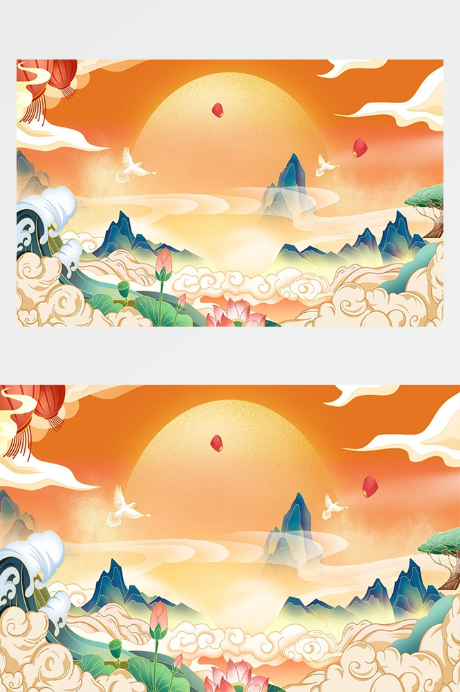 国潮唯美山水风景中国风插画海报元素背景PSD高清分层源文件素材