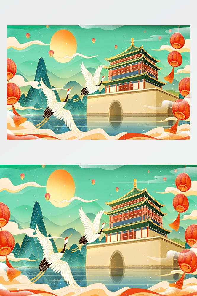 国潮唯美山水风景中国风插画海报元素背景PSD高清分层源文件素材