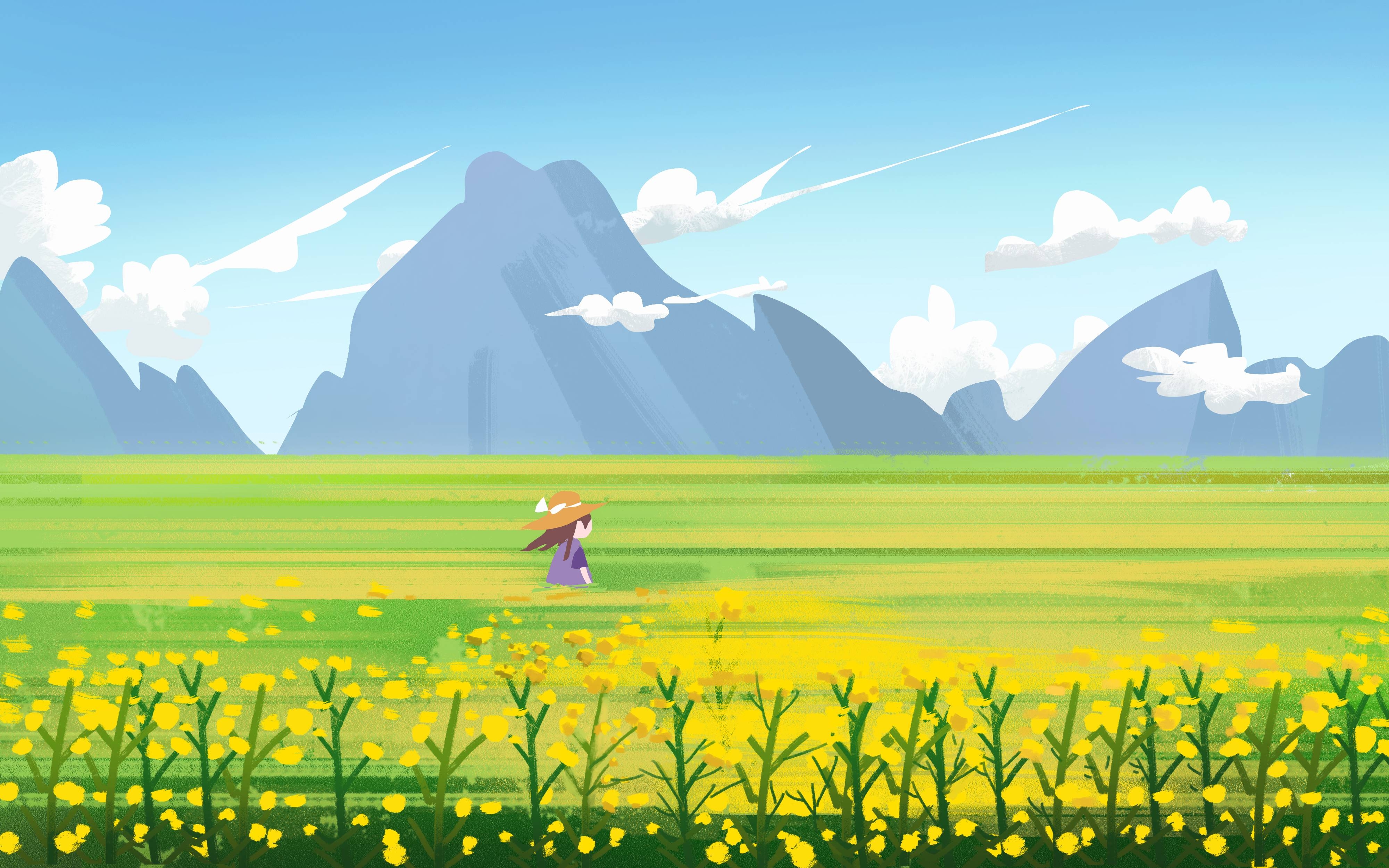 油菜花开田野风景背景插画图片banner海报17