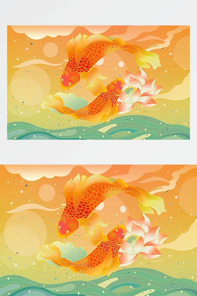 中国传统国潮锦鲤鱼跃龙门图案山水插画高清背景海报素材元素 (21)