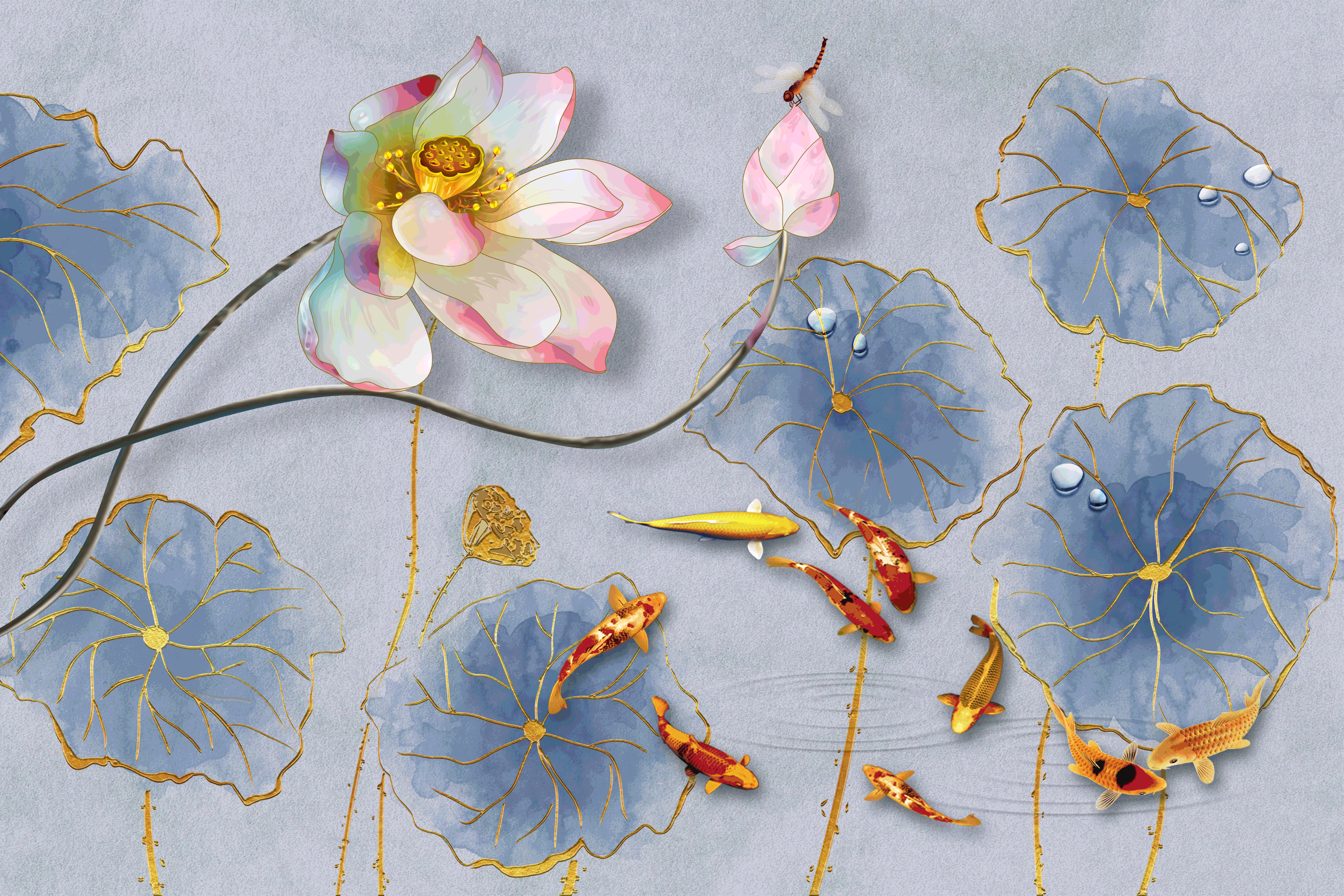 轻奢现代入户荷花九鱼图风水画海报背景墙壁画 (15)