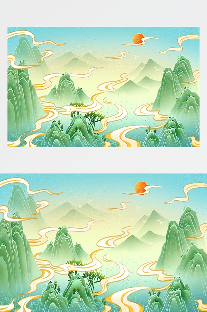 中国风国潮唯美山水风景祥云海报背景PS高清分层插画素材模板