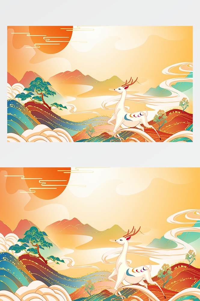 中国风国潮唯美山水风景祥云海报背景PS高清分层插画素材模板 (14)
