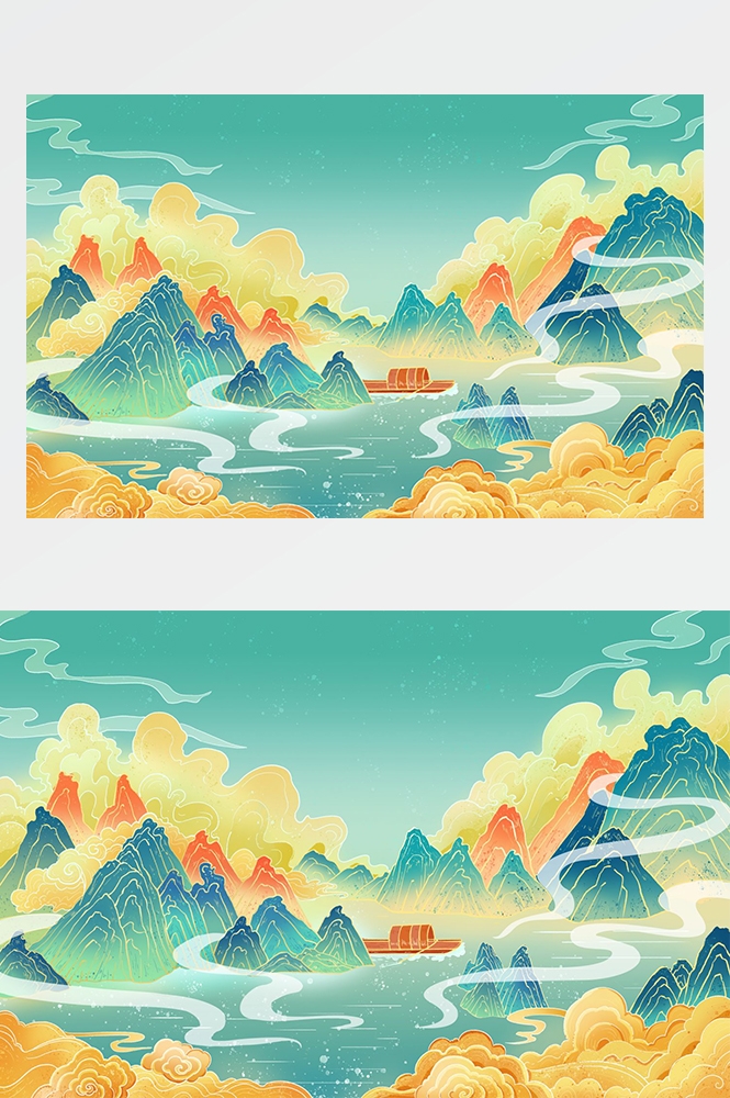 中国风国潮唯美山水风景祥云海报背景PS高清分层插画素材模板