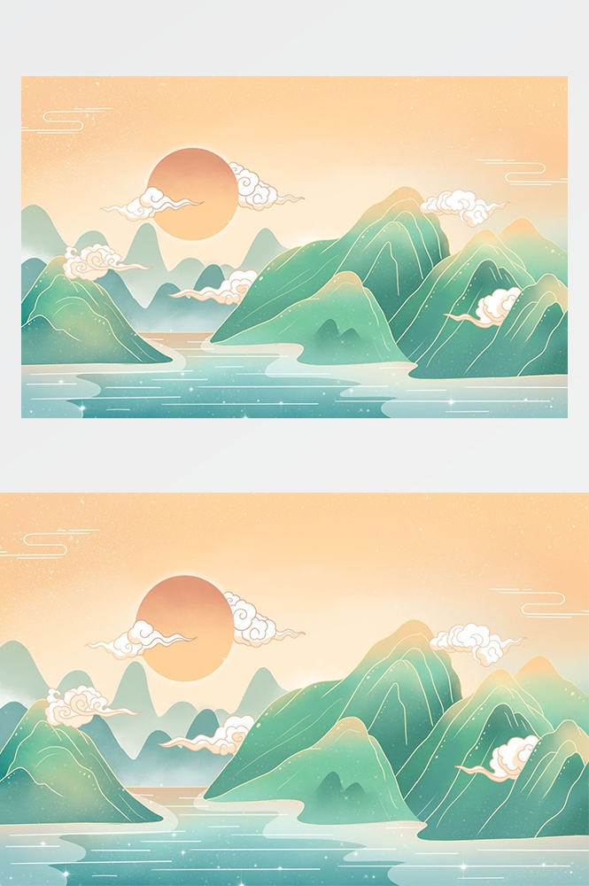 中国风国潮唯美传统山水风景插画海报祥云元素背景PS高清素材