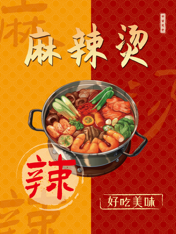 国潮饭店复古美味正宗麻辣烫海报壁画背景图1