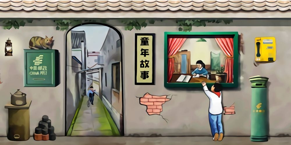 复古怀旧墙绘马路边边小卖部饭店烧烤火锅店壁纸背景墙2