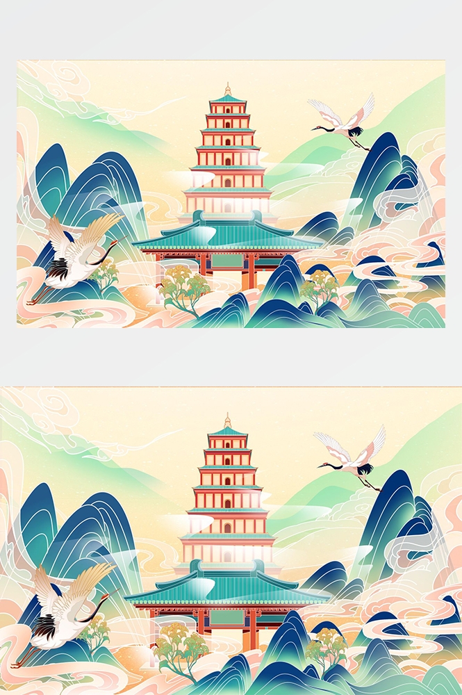 中国风国潮唯美山水风景祥云海报背景PS高清分层插画素材模板