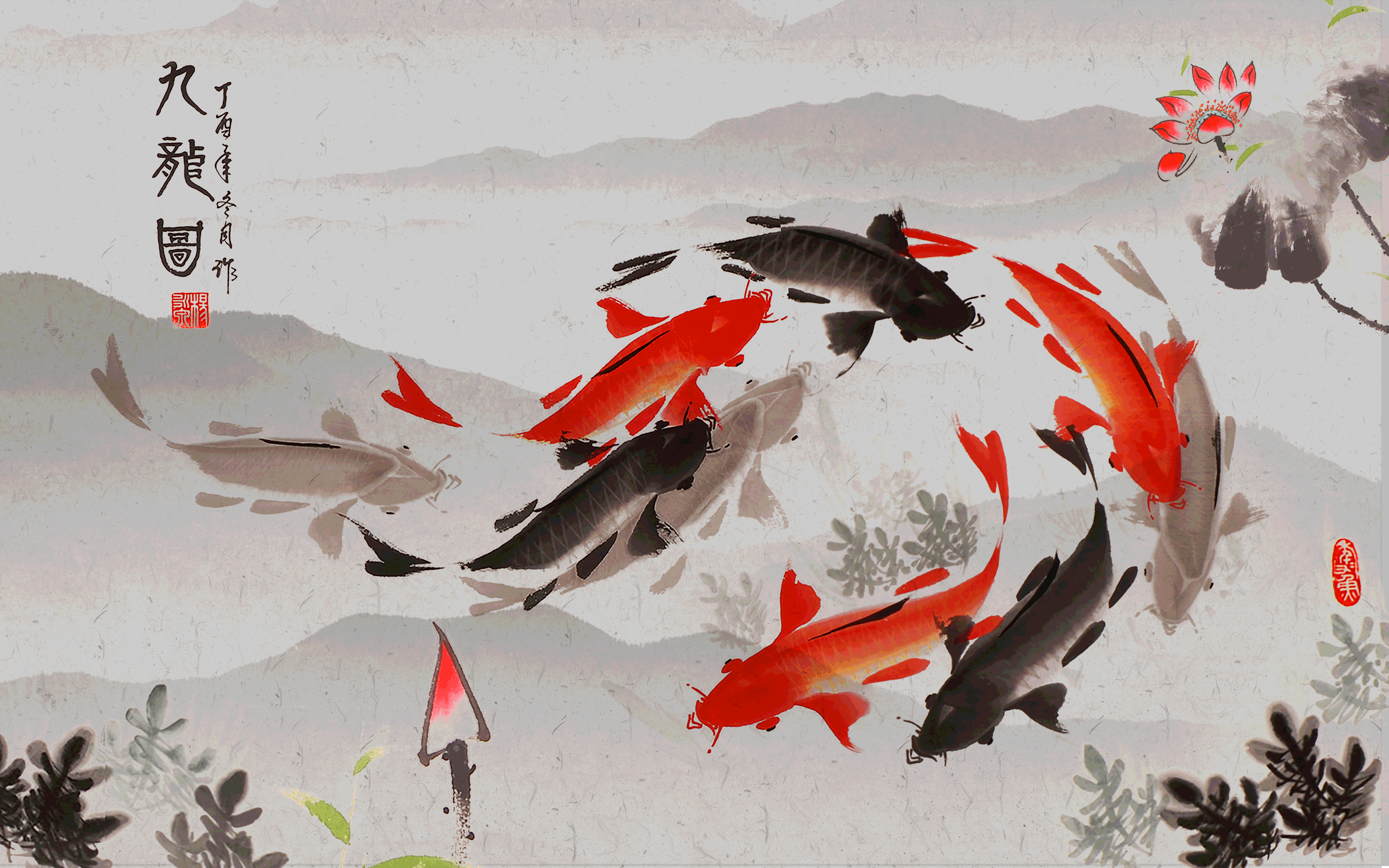 轻奢现代入户荷花九鱼图风水画海报背景墙壁画 (18)