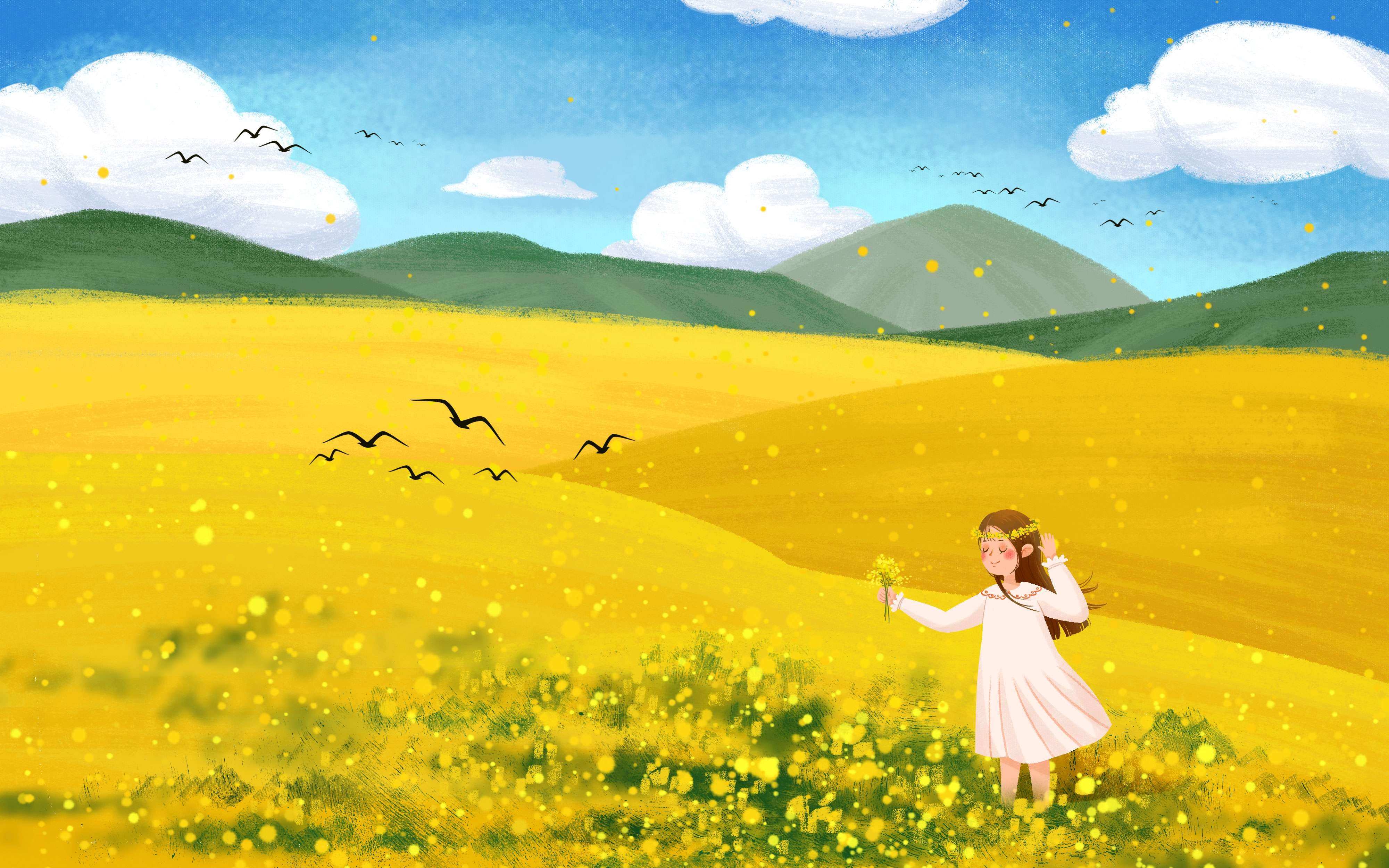 油菜花开田野风景背景插画图片banner海报28
