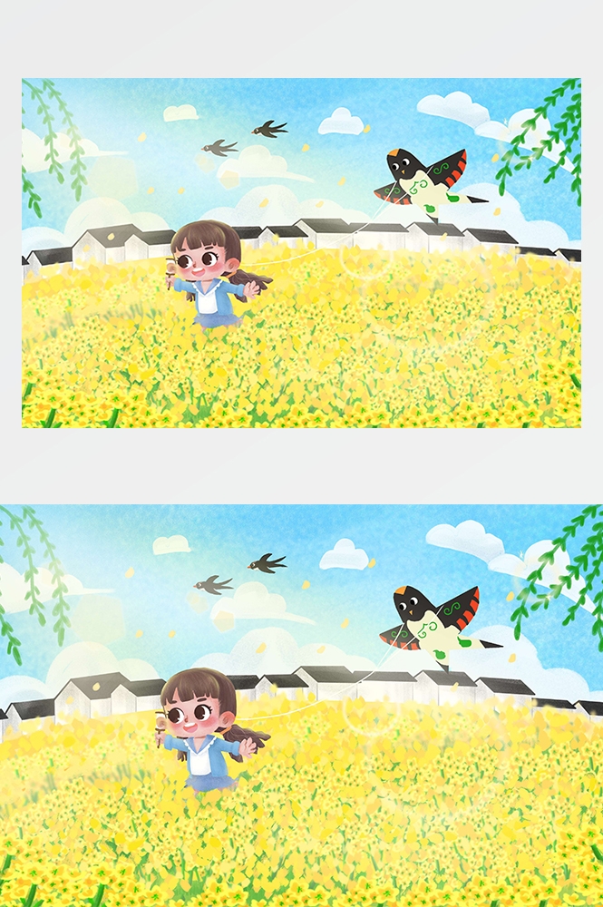 油菜花开田野风景背景插画图片banner海报25