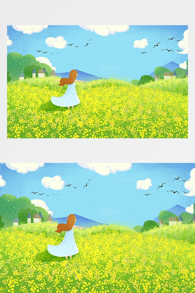 油菜花开田野风景背景插画图片banner海报30