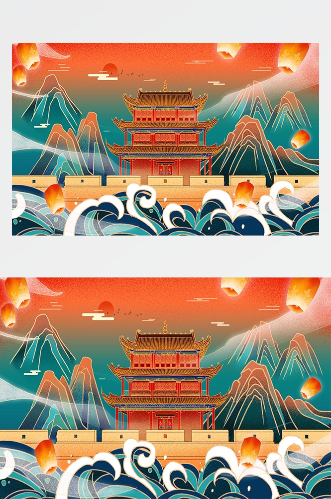 国潮唯美山水风景中国风插画海报元素背景PSD高清分层源文件素材