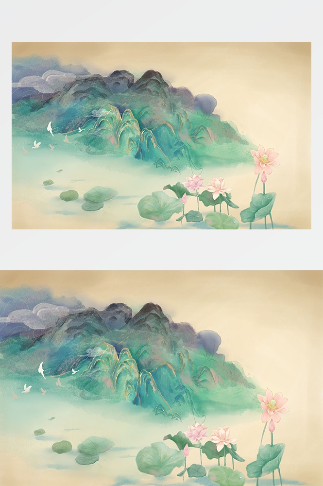中国风国潮唯美山水风景祥云海报背景PS高清分层插画素材模板 (23)