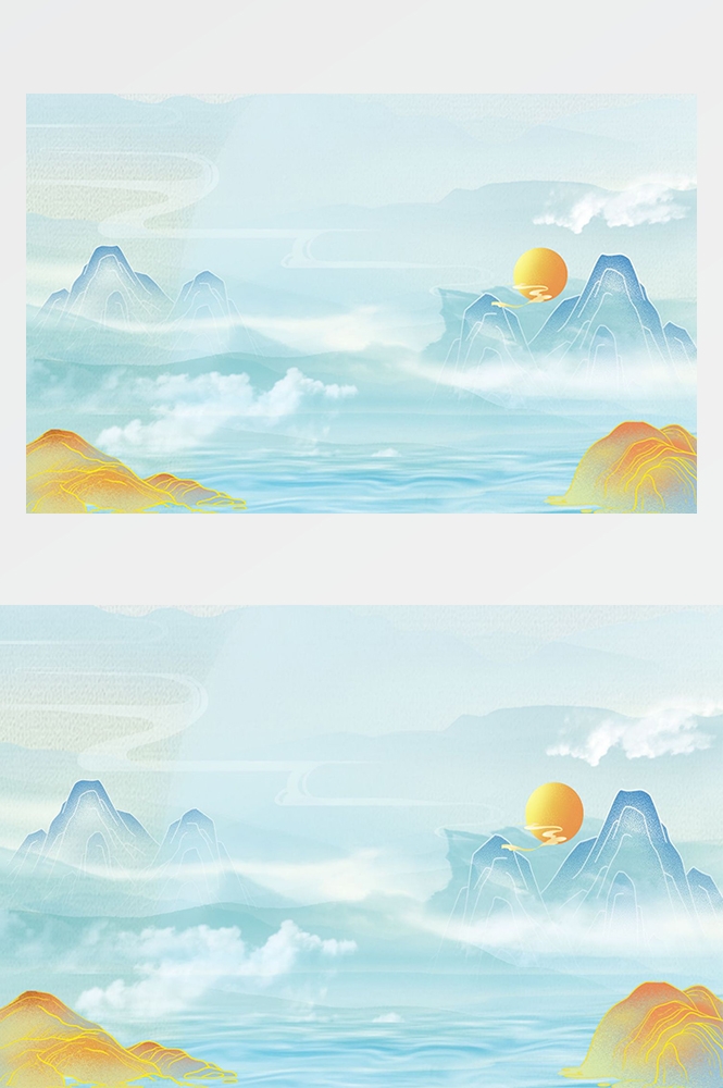 中国风国潮唯美山水风景祥云海报背景PS高清分层插画素材模板 (1)