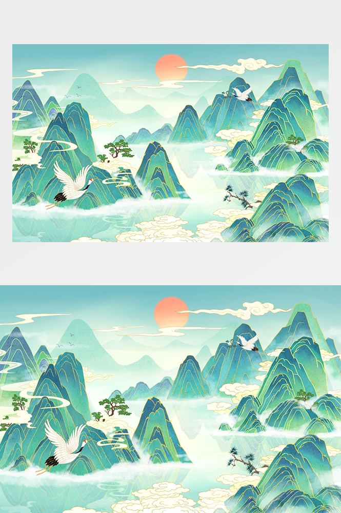 中国风国潮唯美山水风景祥云海报背景PS高清分层插画素材模板 (18)
