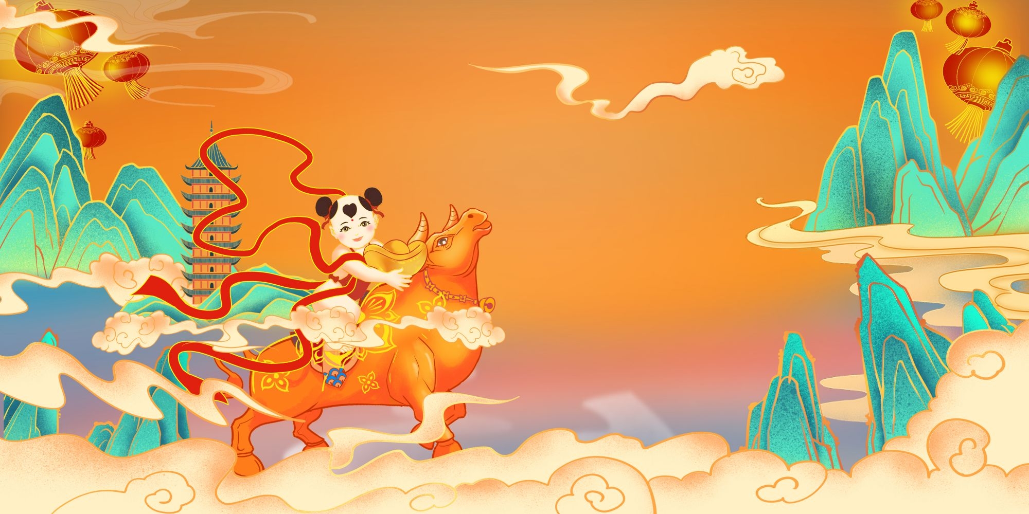 国潮山水中国风背景图展板插画素材5