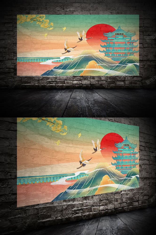 中国风国潮唯美山水风景祥云海报背景高清分层插画素材模板  (4)