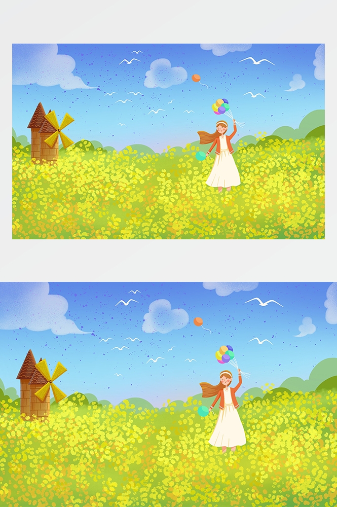 油菜花开田野风景背景插画图片banner海报33
