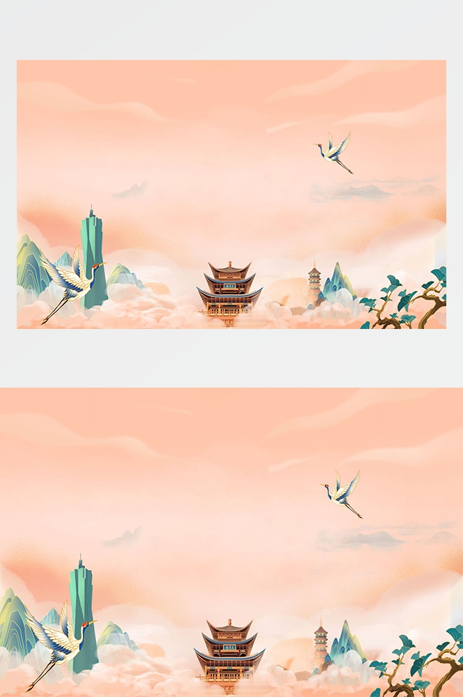 中国风国潮唯美传统山水风景插画海报祥云元素背景PS高清素材