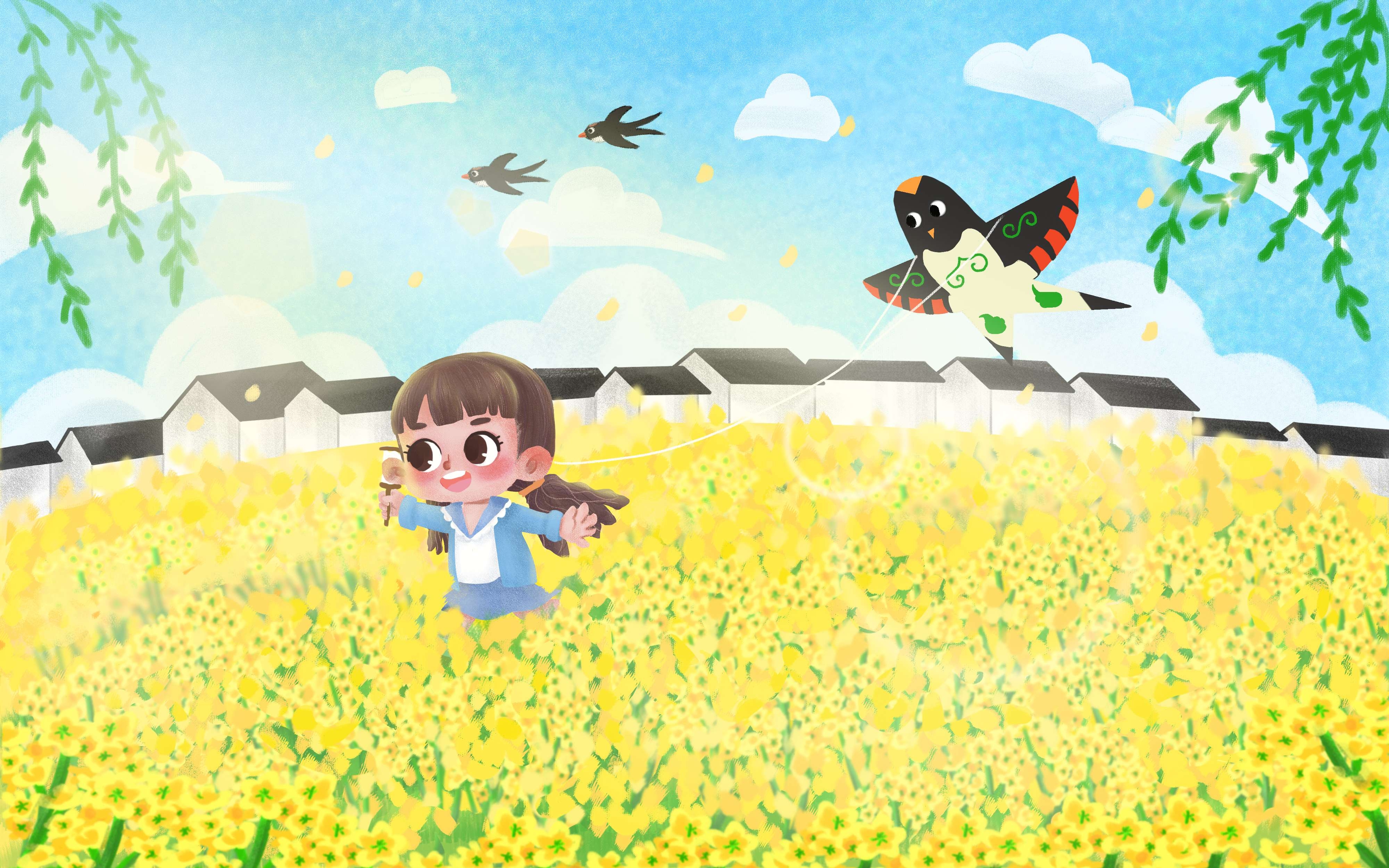 油菜花开田野风景背景插画图片banner海报25