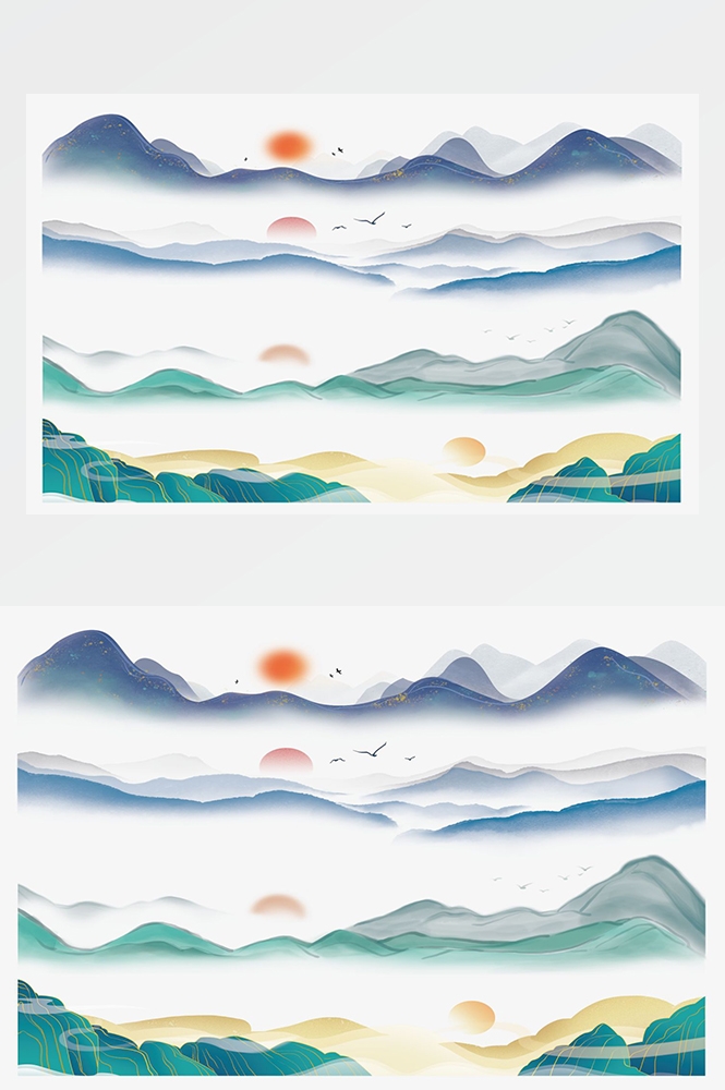 中国风国潮唯美山水风景祥云海报背景PS高清分层插画素材模板