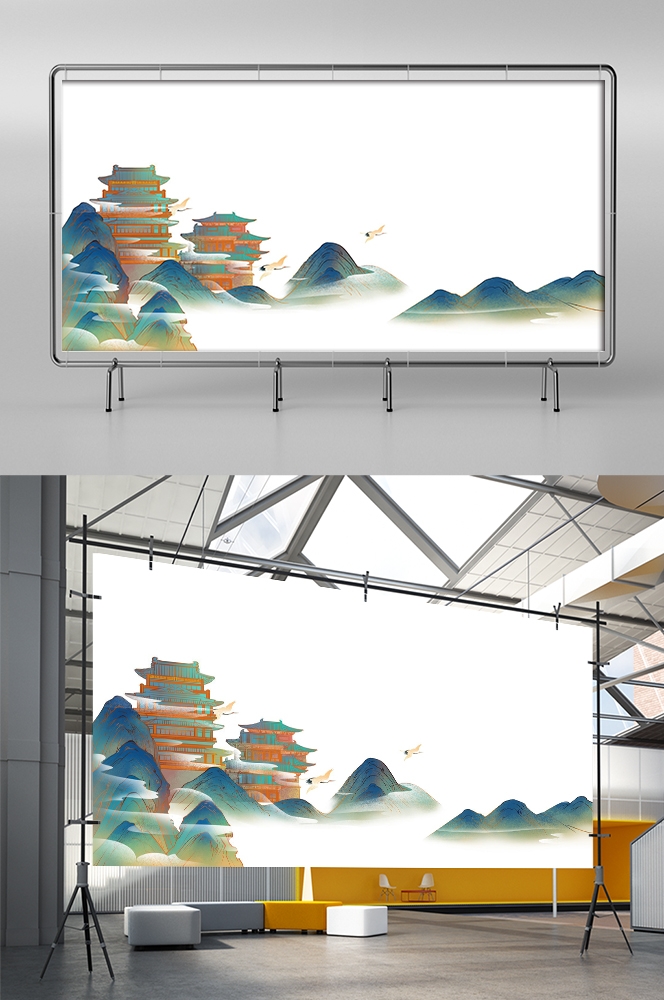 国潮山水中国风背景图展板插画素材27