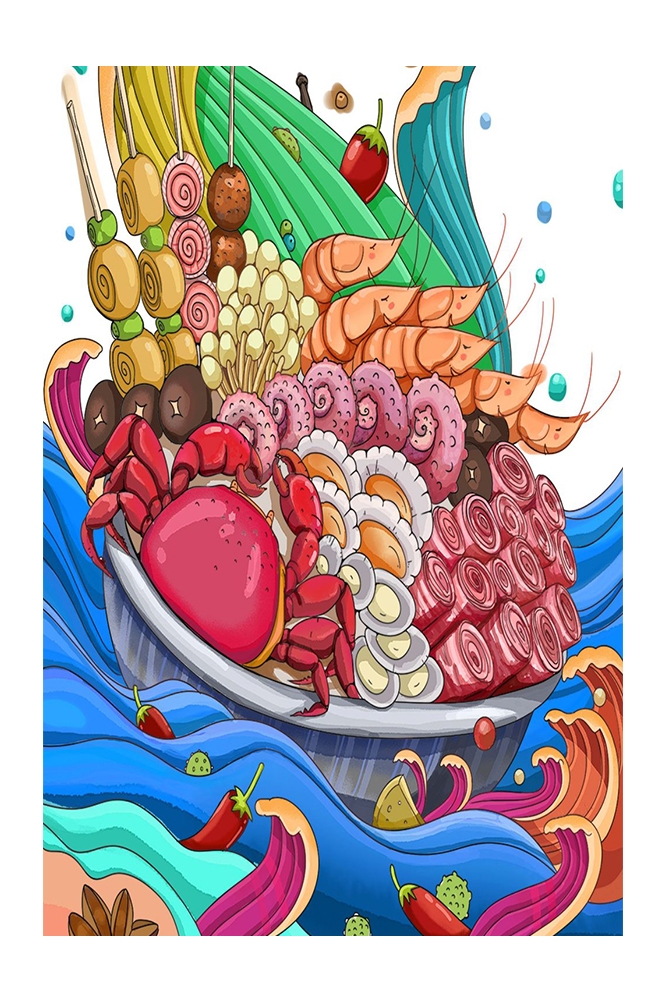 手绘国潮国风美食四川麻辣烫火锅餐饮辣椒祥云插画 (1)