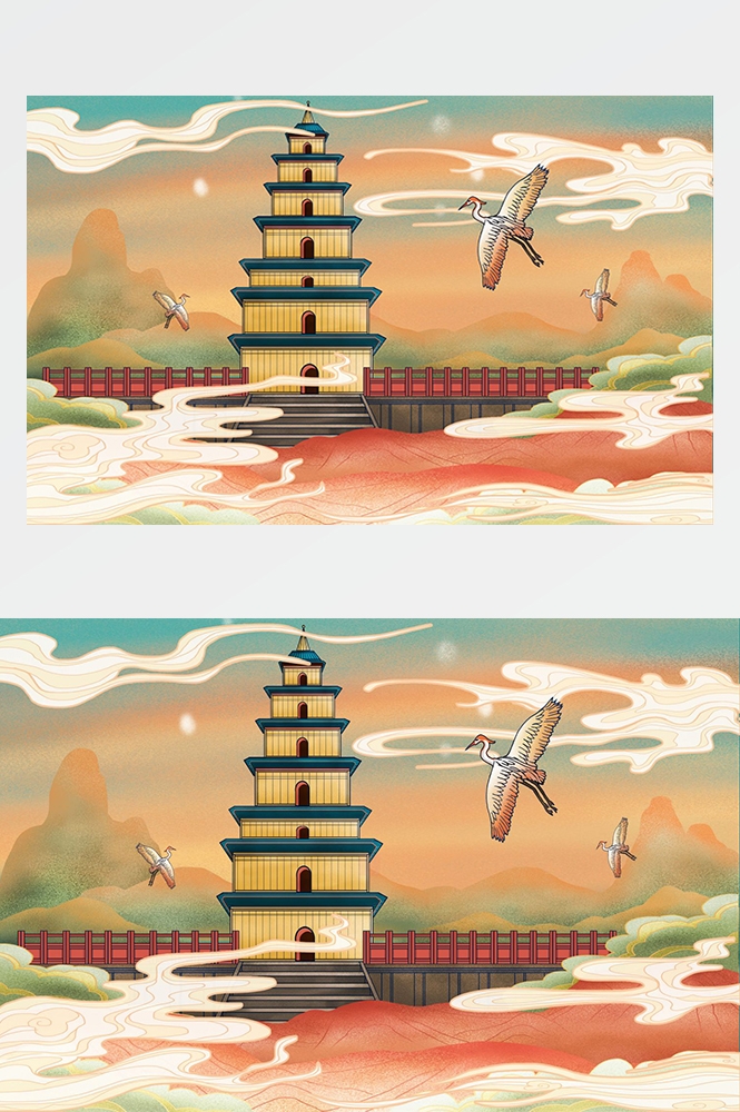 国潮唯美山水风景中国风插画海报元素背景PSD高清分层源文件素材