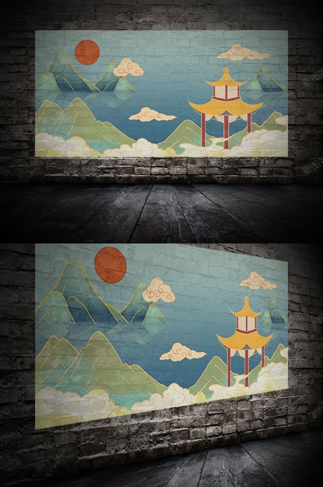 中国风国潮唯美山水风景祥云海报背景高清分层插画素材模板  (10)