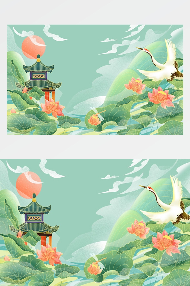 中国风国潮唯美山水风景祥云海报背景PS高清分层插画素材模板