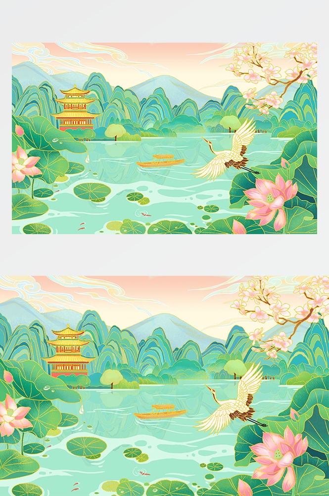 中国风国潮唯美山水风景祥云海报背景PS高清分层插画素材模板