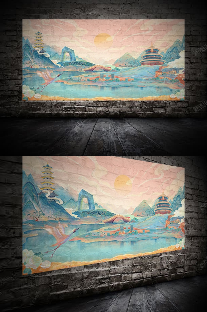 中国风国潮唯美山水风景祥云海报背景高清分层插画素材模板  (11)