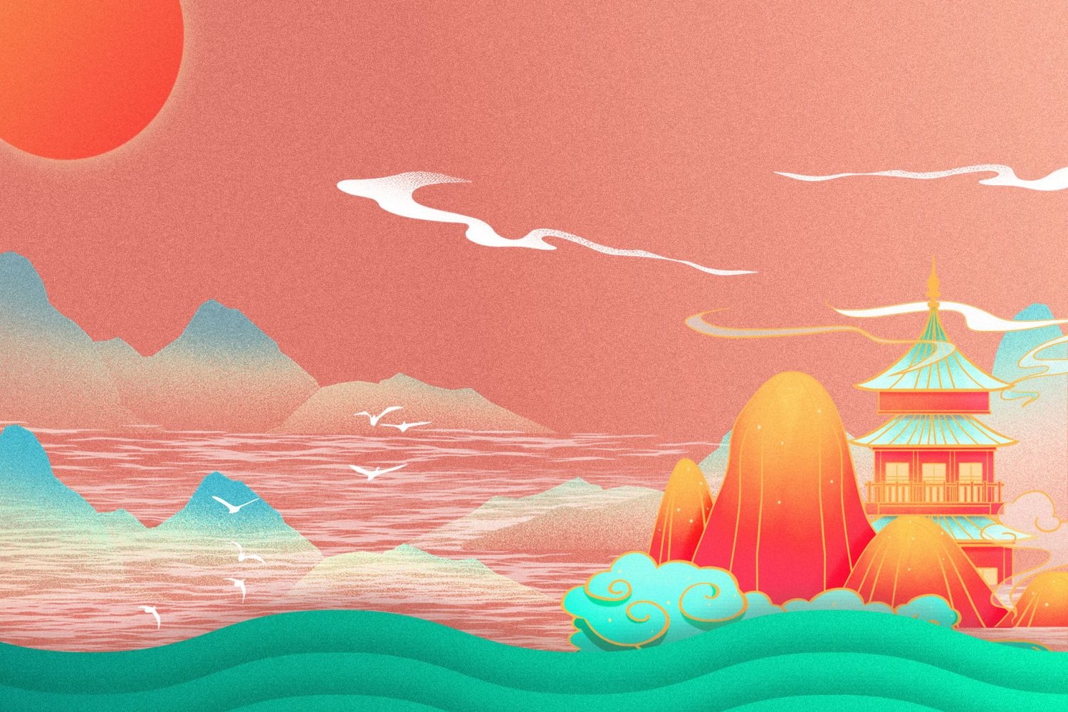 中国风国潮唯美传统山水风景插画海报祥云元素背景PS高清素材 (9)