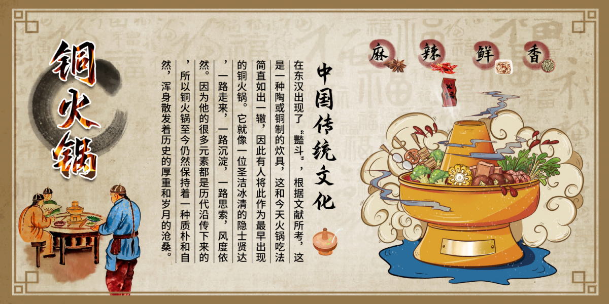 饭店老北京铜火锅复古壁画背景文化墙绘素材16