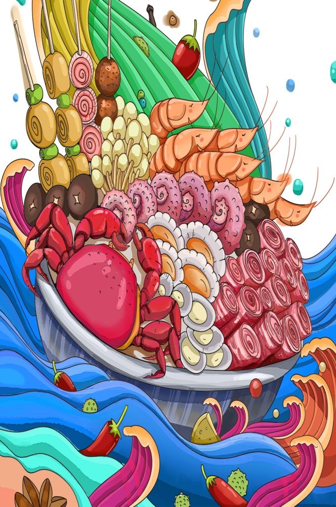 手绘国潮国风美食四川麻辣烫火锅餐饮辣椒祥云插画分层 (1)