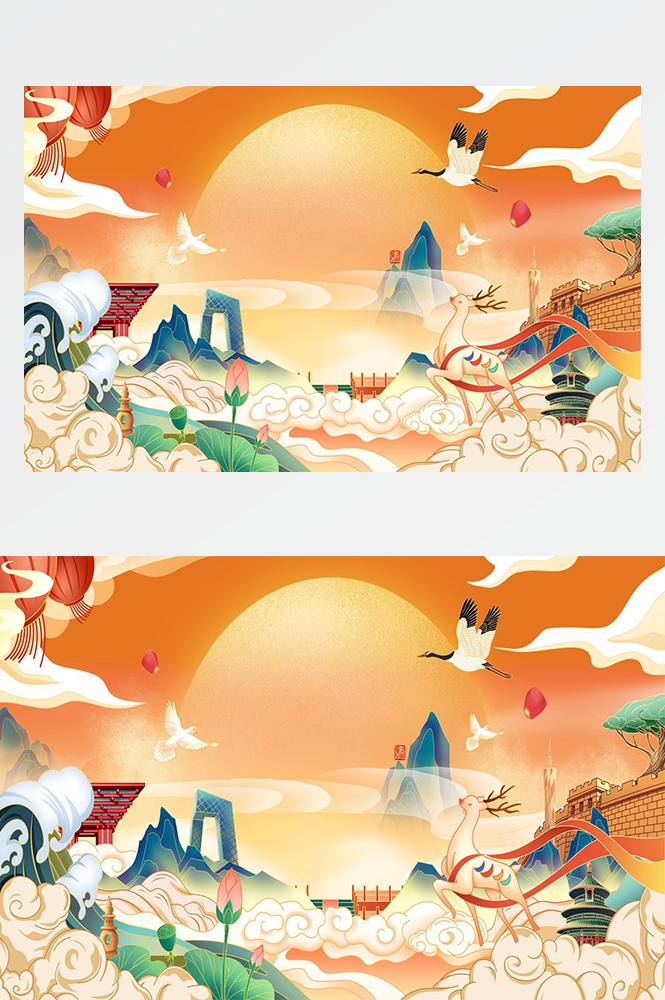 国潮唯美山水风景中国风插画海报元素背景PSD高清分层源文件素材