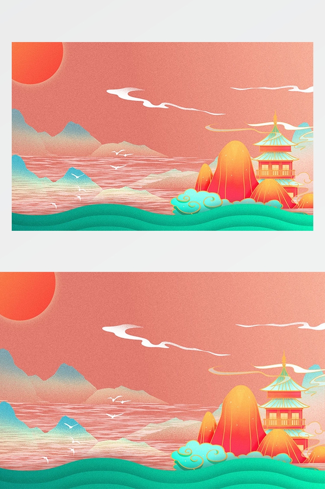 中国风国潮唯美传统山水风景插画海报祥云元素背景PS高清素材