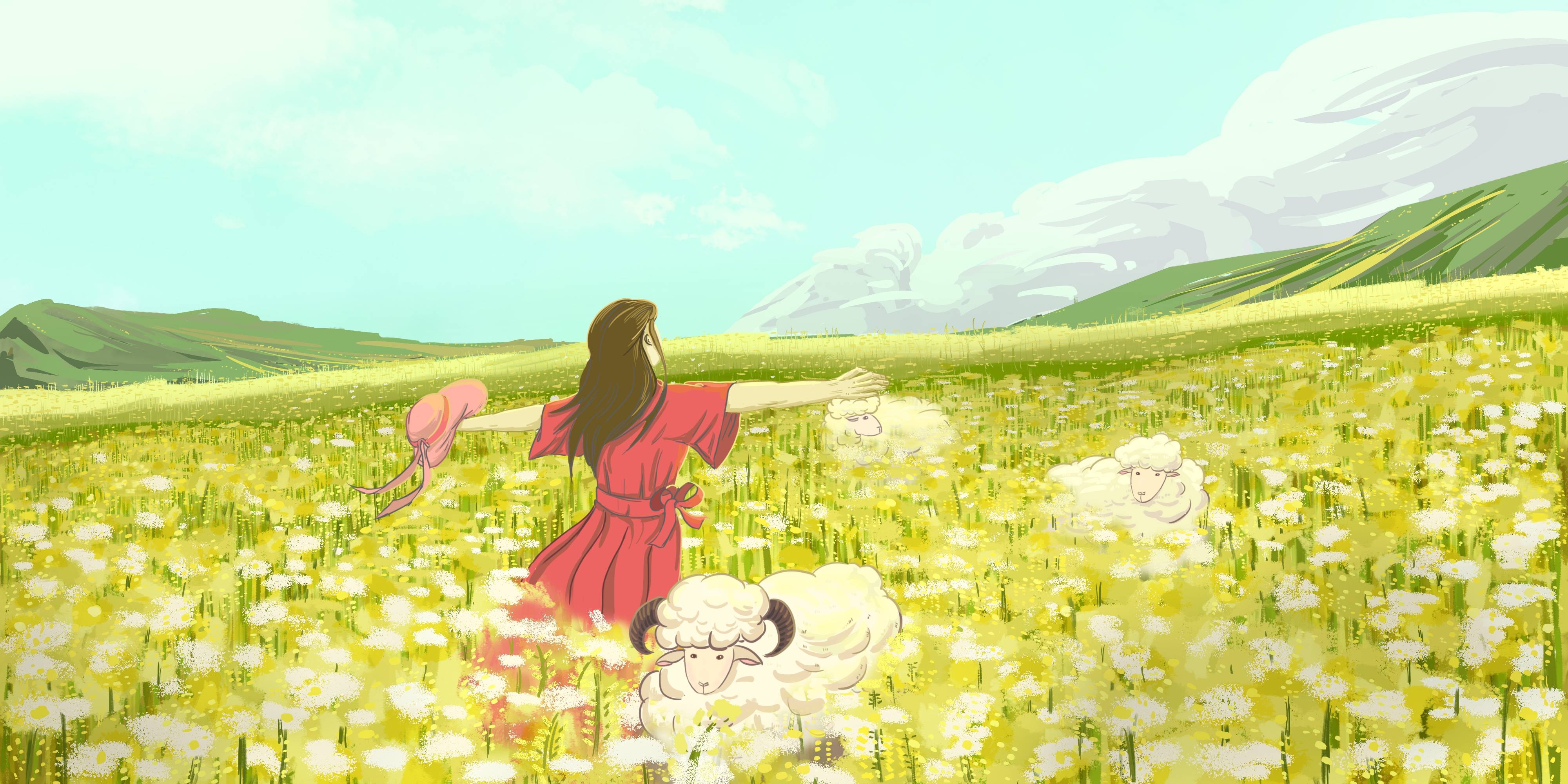 油菜花开田野风景背景插画图片banner海报31